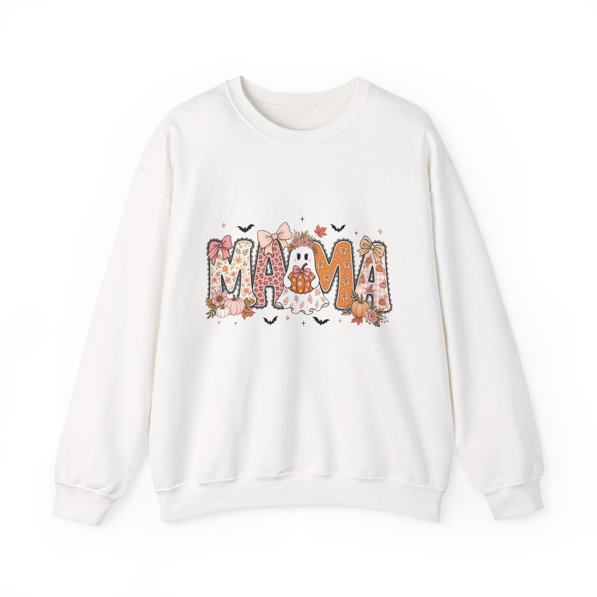 Mama Halloween Sweatshirt — Cute Ghost & Fall Leaves Crewneck