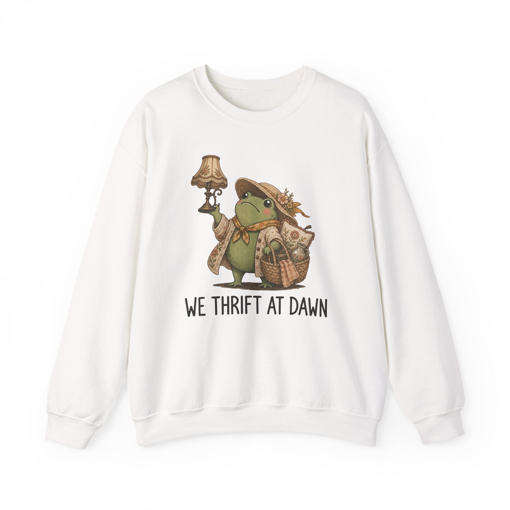 Thrifty Frog Crewneck Sweatshirt – "We Thrift at Dawn" Vintage-Inspired Thrifting Graphic