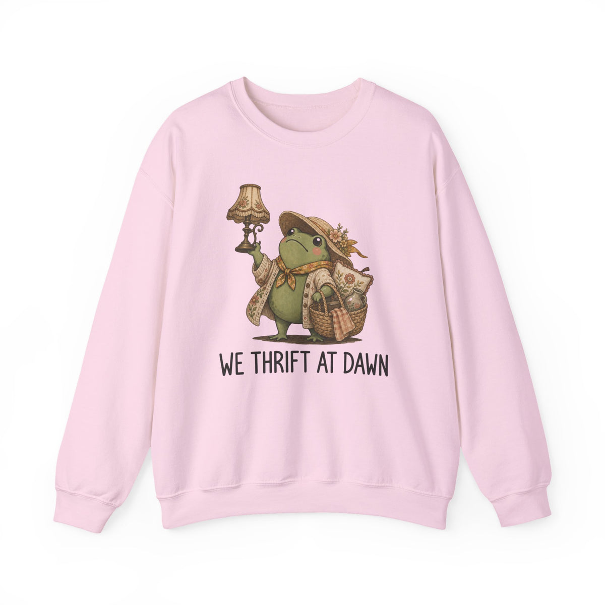 Thrifty Frog Crewneck Sweatshirt – "We Thrift at Dawn" Vintage-Inspired Thrifting Graphic