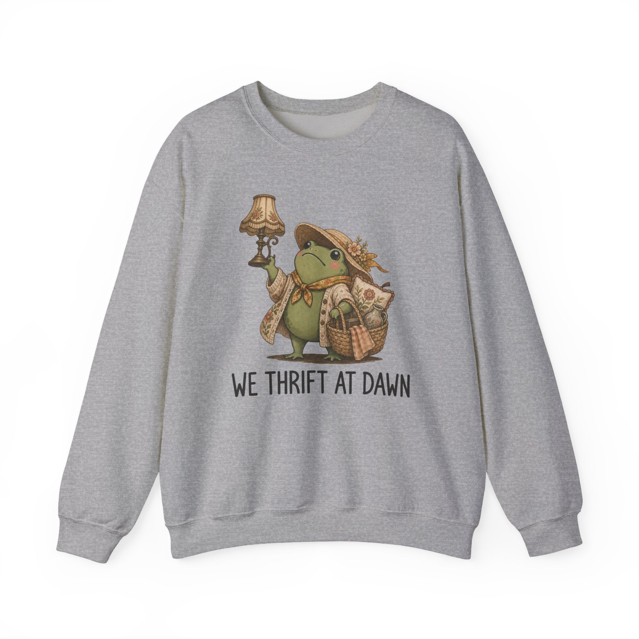Thrifty Frog Crewneck Sweatshirt – "We Thrift at Dawn" Vintage-Inspired Thrifting Graphic