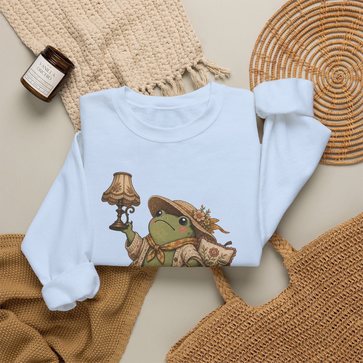 Thrifty Frog Crewneck Sweatshirt – "We Thrift at Dawn" Vintage-Inspired Thrifting Graphic
