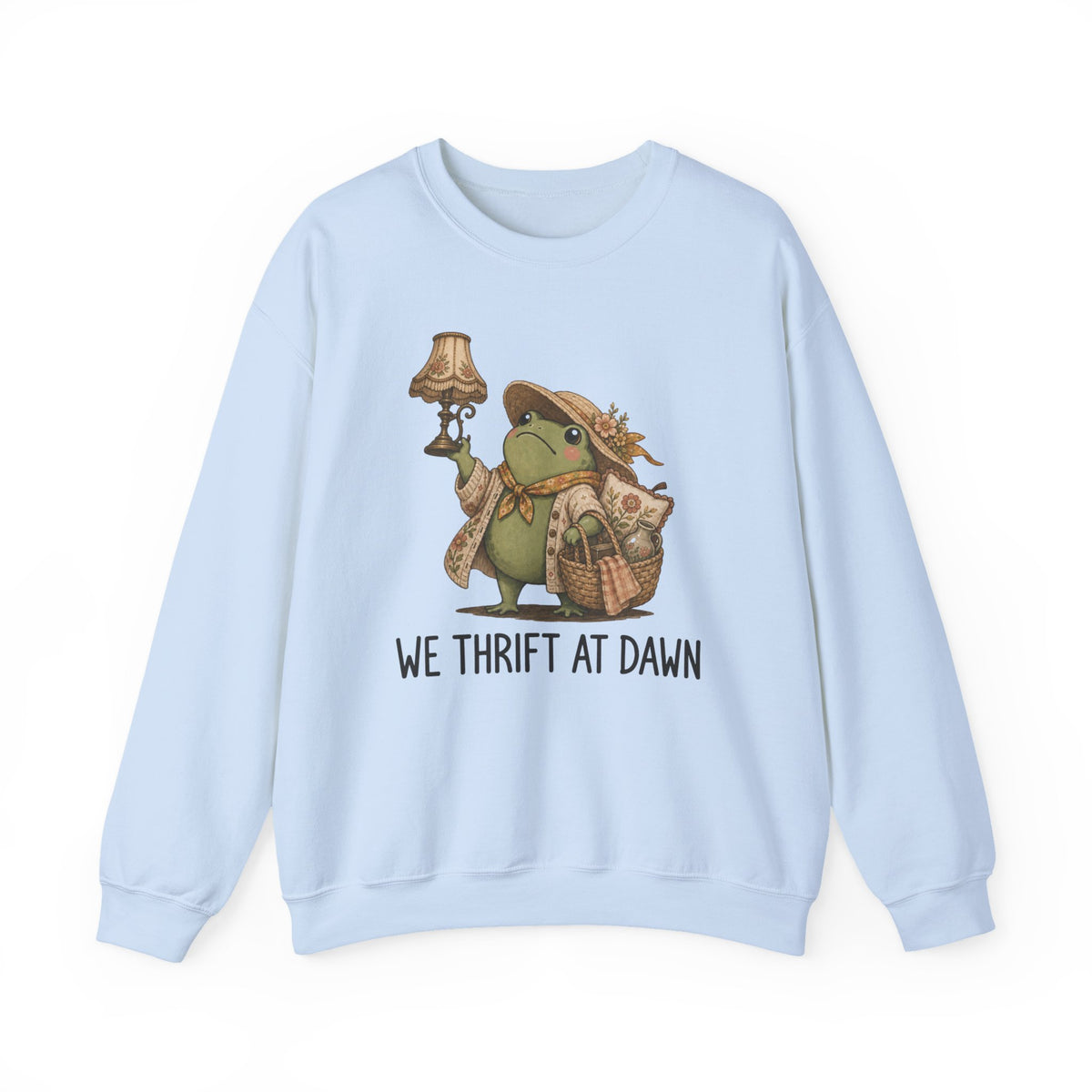 Thrifty Frog Crewneck Sweatshirt – "We Thrift at Dawn" Vintage-Inspired Thrifting Graphic