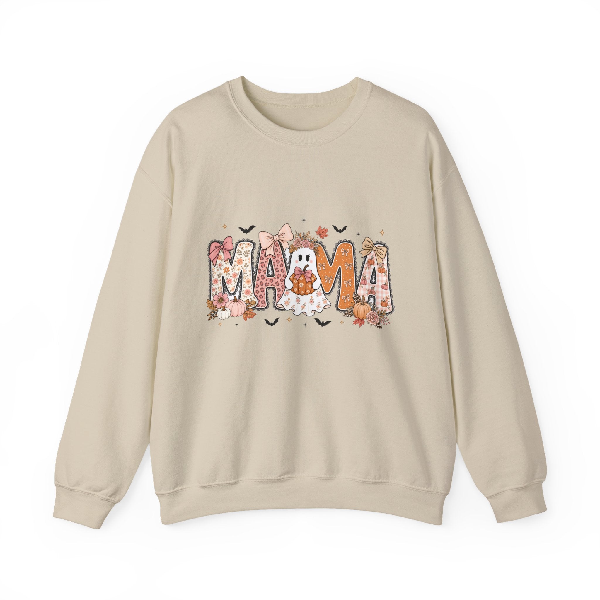 Mama Halloween Sweatshirt — Cute Ghost & Fall Leaves Crewneck