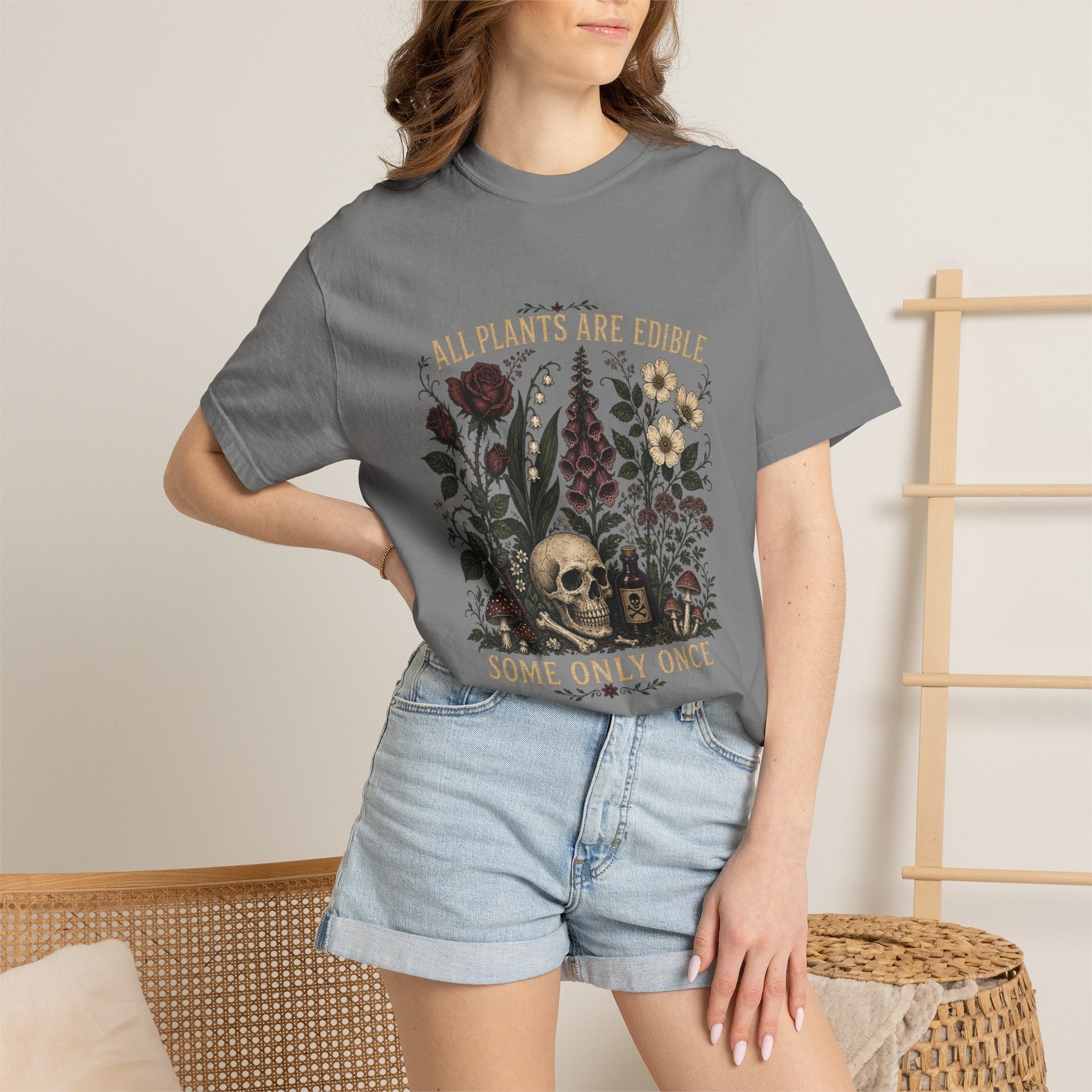 Skull & Wildflowers T-Shirt — "All Plants Are Edible, Some Only Once"