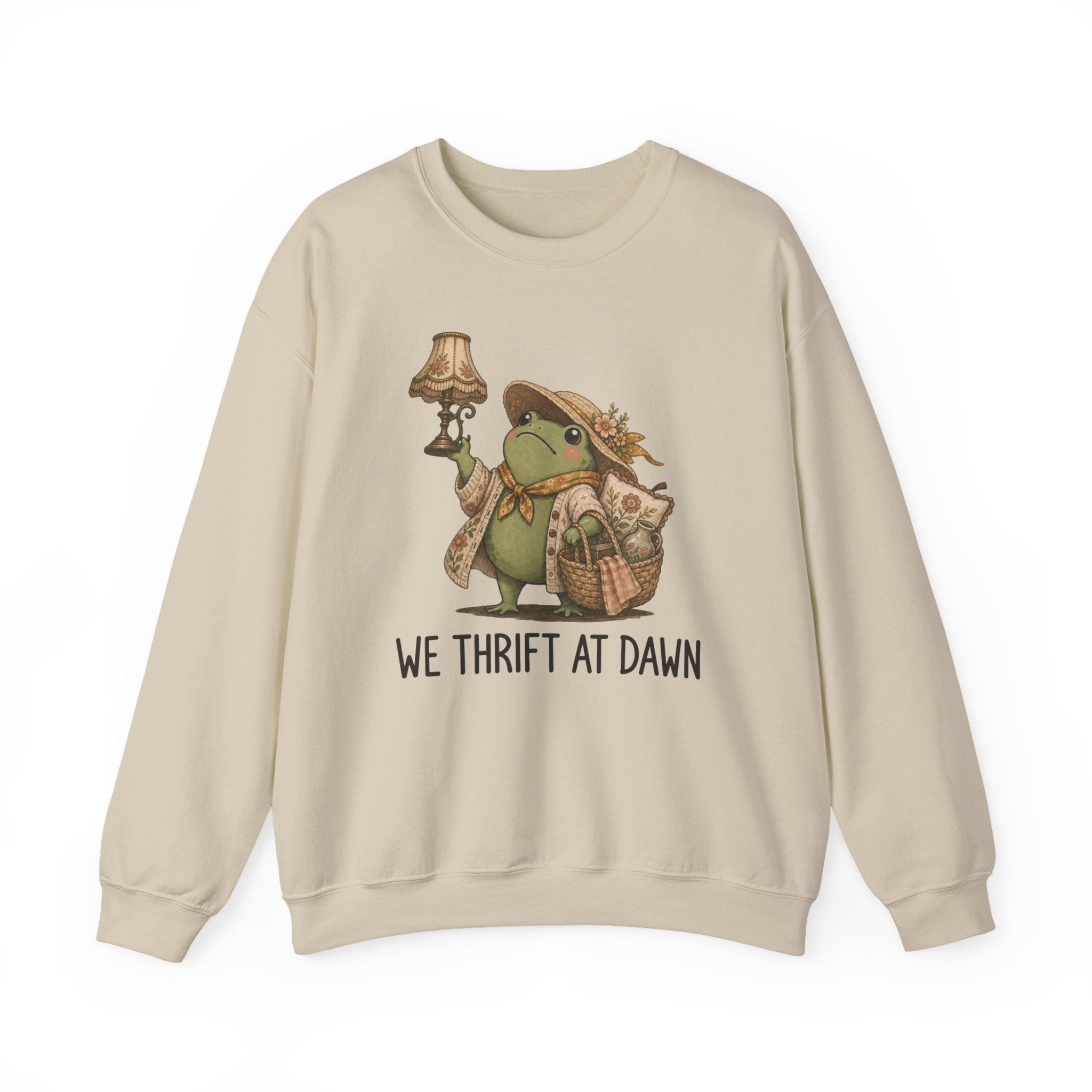 Thrifty Frog Crewneck Sweatshirt – "We Thrift at Dawn" Vintage-Inspired Thrifting Graphic