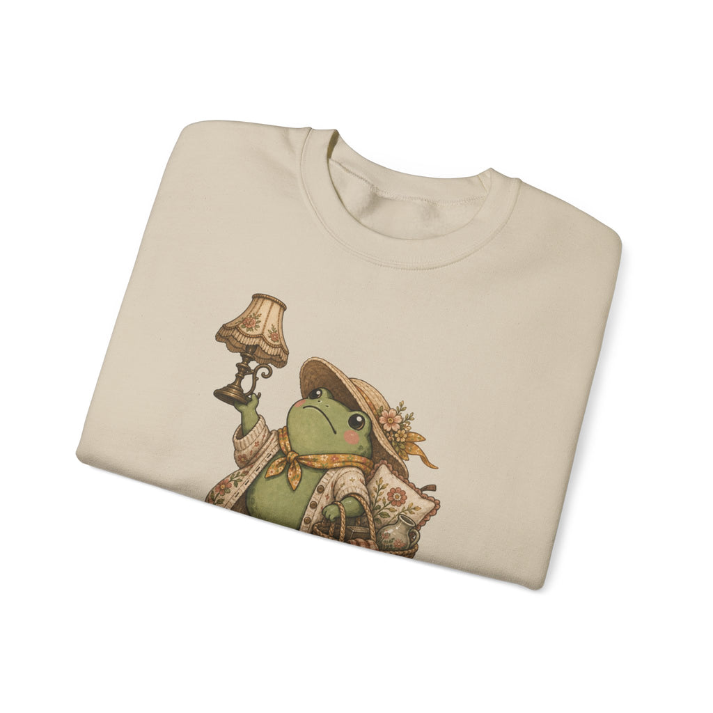 Thrifty Frog Crewneck Sweatshirt – "We Thrift at Dawn" Vintage-Inspired Thrifting Graphic